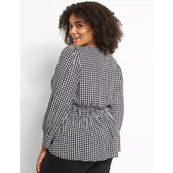 Lane Bryant Black & White Houndstooth VNeck Long Sleeve Peplum Blouse 22 3X Plus - Picture 2 of 13